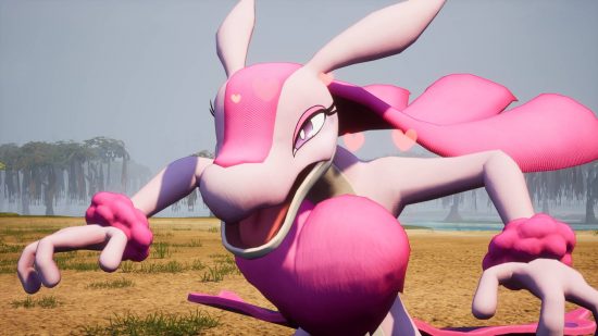 Palworld has an X-Rated Pal, because of course it does: A pink creature with huge ears, a magenta line down to its snout, and a huge love heart on its chest runs at the camera in a desert area