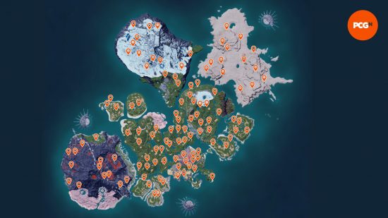 palworld map: an overview of the entire Palworld Map with pins to show where all of the dungeons are