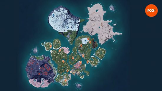 palworld map: an overview of the Palworld Map showing off where the caves and dungeons are