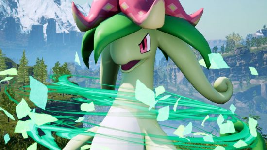 A green dinosaur creature with a flower on its head looking angry, summoning swirling leaves around it