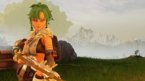 Palworld name change: a woman with green hair stands holding a crossbow.