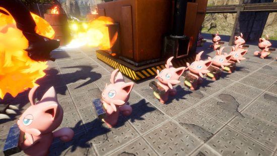 Palworld Nexus Mods Verklaring: Een stel kleine roze wezens lopen rond met metalen blokken in een fabriek
