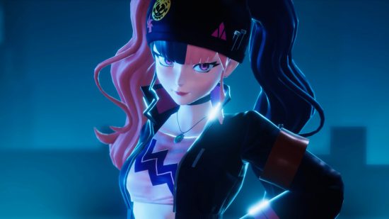 Palworld isn't the next The Day Before, devs promise: A pretty girl wearing a beanie with two pigtails, one black and one white, smirks into the camera in a dark area, wearing a black combat jacket over a white crop top