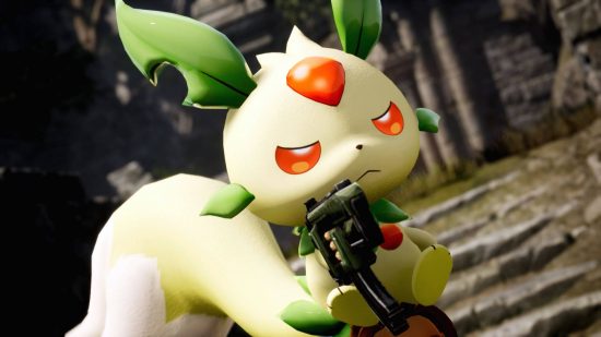 Palworld is "completely different" from Pokemon, CEO says: A cute rabbit creature with leaves for ears glares into the camera aiming a gun