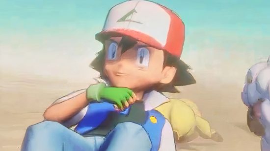Palworld Pokemon mod: Ash from Pokemon waking up on the Palworld beach, with a Torchic, Pikachu, and Wooloo