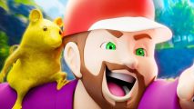 Palworld Pokemon mod legally distinct: a man with a brown beard and red cap, with a yellow rat on his shoulder
