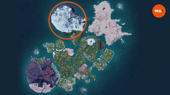Palworld pure quartz location: the snowy biome is circled on the map