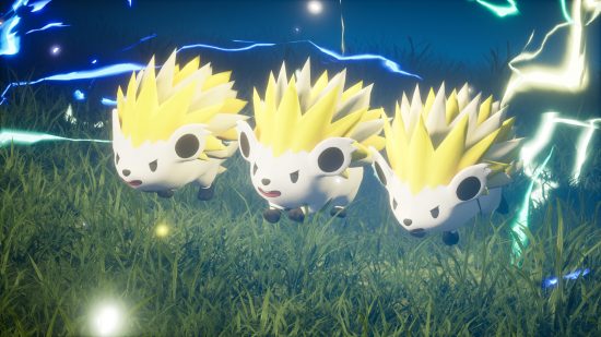 Three Jolthogs run across the grass in Palworld, surrounded by electricity