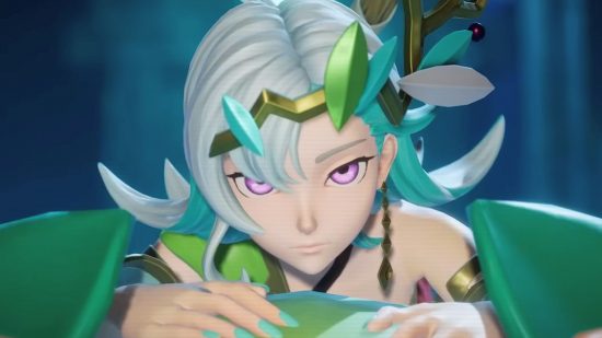 Palworld release times: an anime girl with white hair and a leafy tiara restign her hands in front of her face