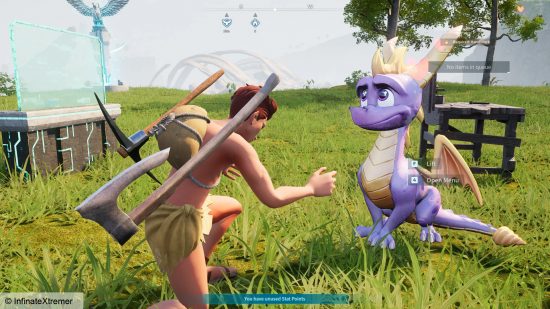 Spyro the Dragon, a purple and yellow dragon, with a man crouching near him.