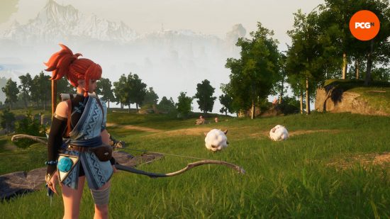 The trainer is holding a Three Shot Bow, one of the best Palworld weapons for the early game. Some sheep-like Pals are nearby.