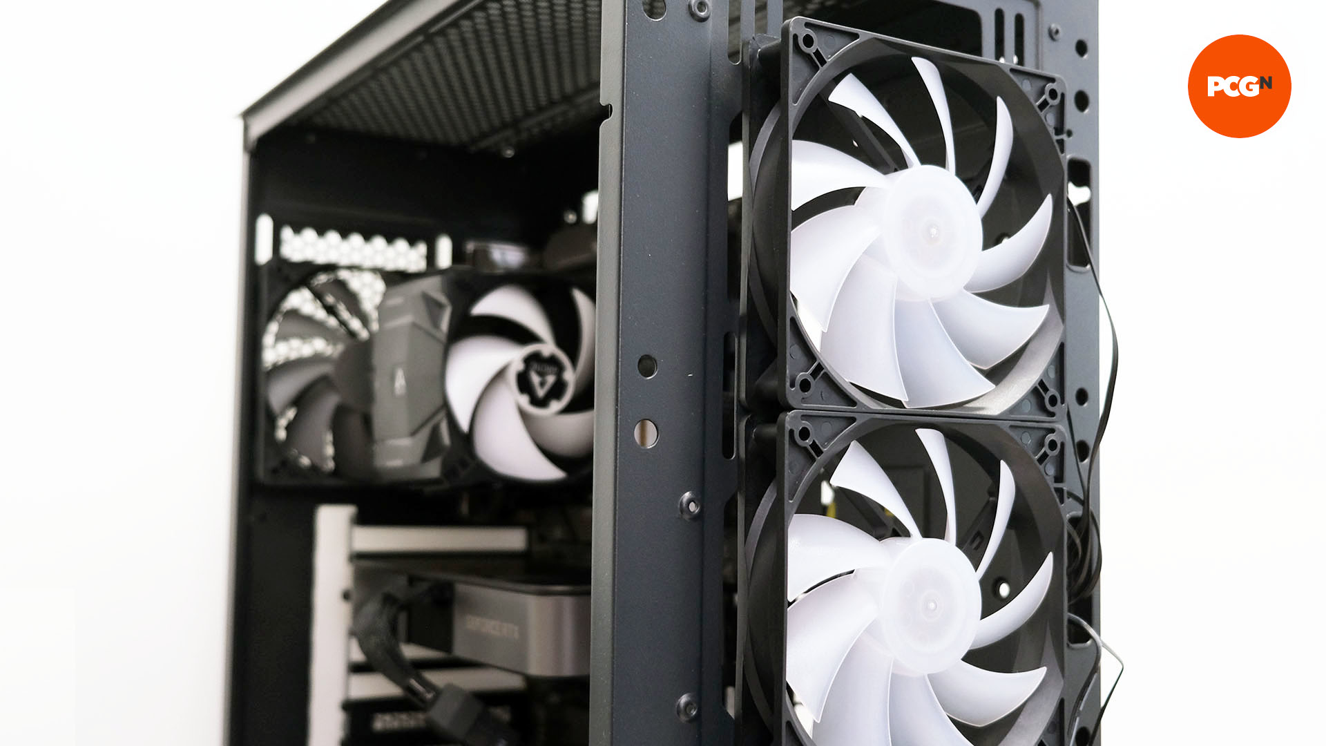The chassis of a PC case with two fans mounted to the front