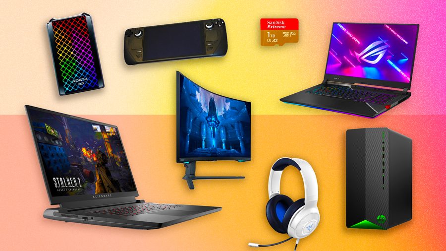 Eight top PC games hardware products on a bright gradient background