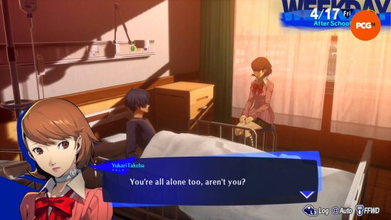 Persona 3 Reload review: Yukari is talking to the protagonist, who is in hospital and bedridden.