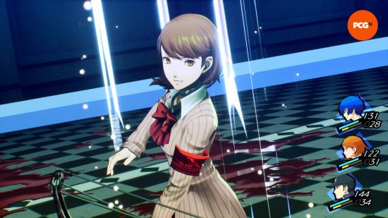 Persona 3 Reload review: Yukari is taking on the turn after one of the other characters Shifted their turn. She has readied her bow to strike.