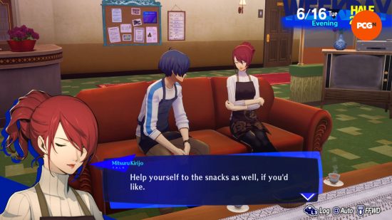 Persona 3 Reload review: the protagonist is enjoying some tea with Mitsuru in the dorm lounge.