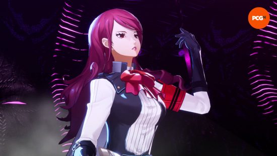 Persona 3 Reload review: Mitsuru is looking down at an off-screen enemy and is about to click her fingers in a snobbish way.