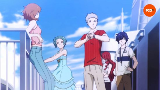 Persona 3 Reload review: Several members of SEES standing on the deck of a ship. They're all dressed in casual summer clothing.