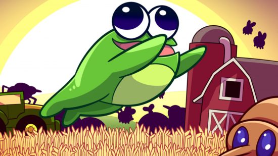 Pesticide Not Required is a fun new roguelike game with a free Steam prologue - A cartoon frog leaps across a field of wheat outside a farmhouse.