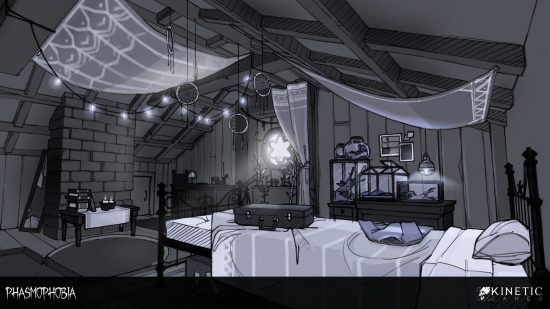 Phasmophobia Bleasdale rework concept art - An attic bedroom. Glass cabinets line the walls and several dreamcatchers hang from the ceiling.