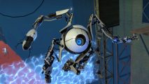 Portal 2 Revolution Steam release: a round white robot with one blue eye flies through the air in an underground facility