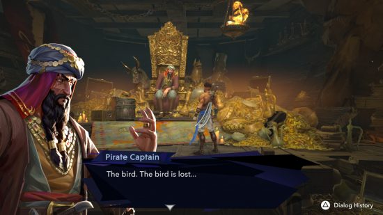 a pirate captain surrounded by treasure in prince of persia