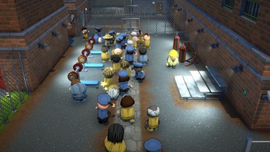 Prison Architect 2: los guardias y los prisioneros se pelean en el patio exterior.