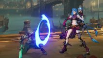Ekko and Jinx are two of the confirmed Project L characters. They're fighting at a dock.