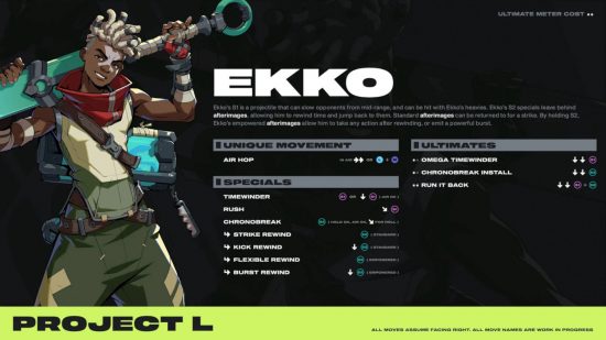 Project L characters: Ekko's full moveset inputs including unique movement, specials, and ultimates.