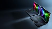 The Razer Blade 16 and 18 sit atop a white surface, with a backlight behind them