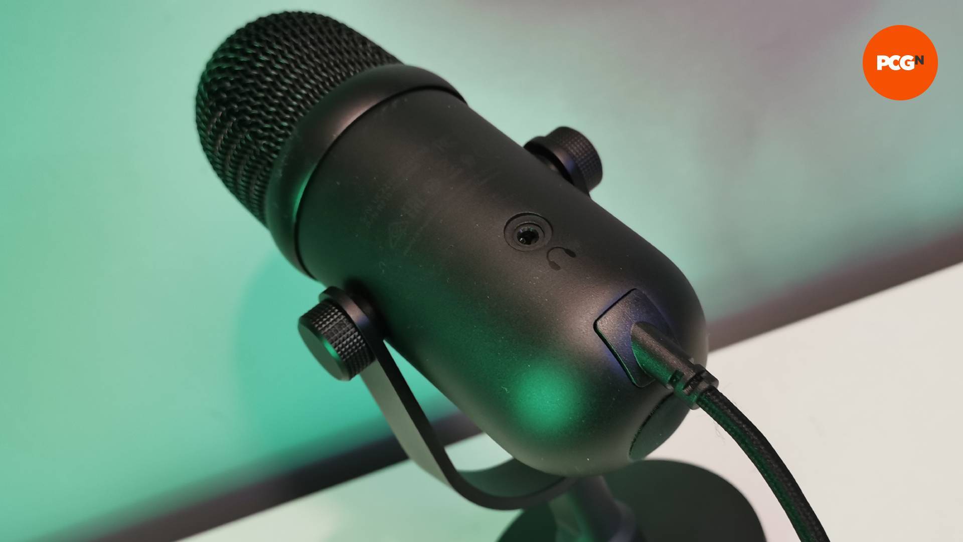 A close-up of the The Razer Seiren V2 Pro microphone ports