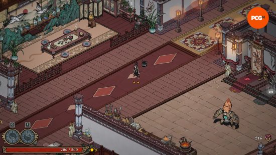Realm of Ink-Demo – Ein Screenshot aus dem Sanctuary-Bereich des Spiels, wo ein Fuchs in einem Mech-Anzug als Trainingspuppe fungiert.