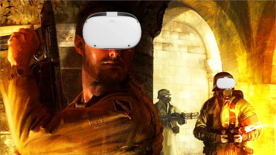 The protagonist of Return to Castle Wolfenstein (left), wearing a VR headset, prepares to turn the corner against two enemies (right)
