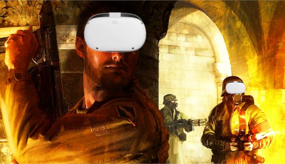 The protagonist of Return to Castle Wolfenstein (left), wearing a VR headset, prepares to turn the corner against two enemies (right)