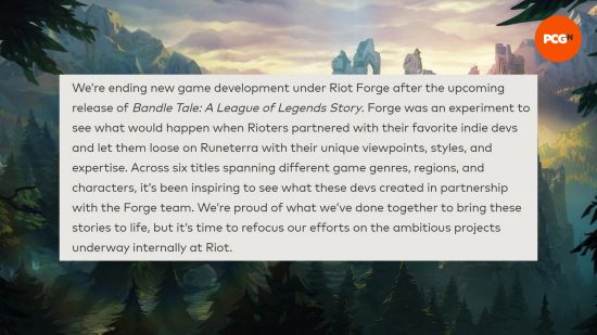 A comment from Riot Games discussing the status of Riot Forge