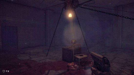 Rotten Flesh Steam: a dark screenshot of a first-person horror game, where you're holding a pisto land looking as a suspended lamp