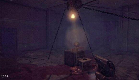 Rotten Flesh Steam: a dark screenshot of a first-person horror game, where you're holding a pisto land looking as a suspended lamp