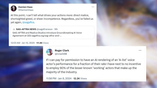 SAG-AFTRA AI voice actor reaction: some tweets on a background