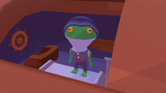 Sail Forth free game: a little frog man in a copper submarine, stood with the hatch open