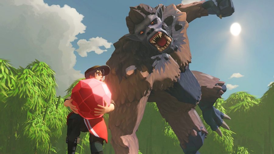 Saleblazers - A man carries a large red crystal away from a pursuing giant ape.