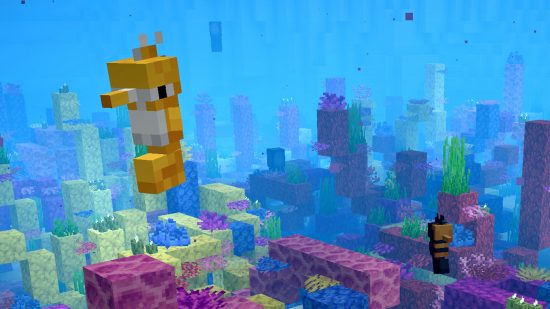 Two seahorses in the ocean in Spawn, one of the best Minecraft mods.