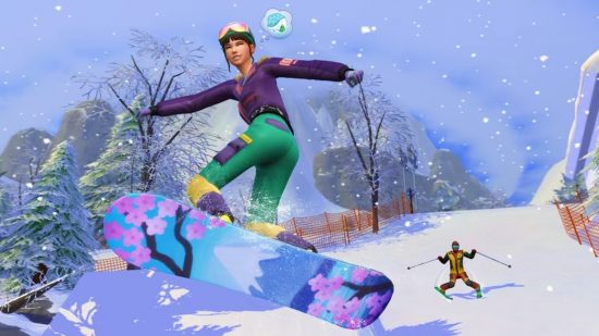 A woman boards on a blue and pink cherry blossom snowboard in the Sims 4 Snowy Escape expansion pack.