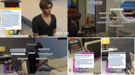 A Sim wakes up following a dream thanks to the Sims 4 Dreams and Nightmares mod, resulting in a deep conversation with another Sim.