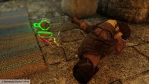 Skyrim mod Diablo loot: a dead Skyrim character surrounded by glowing lot of different colors