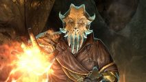 Skyrim mod magic schools: a cultist in a robe with a stone squid mask, shooting fire from his outstretched right hand