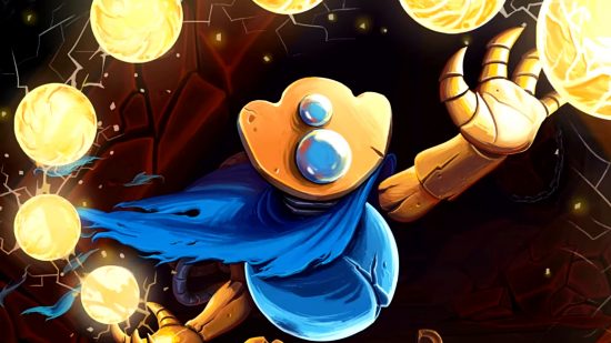 Slay the Spire goes cheap in Steam sale, perfect on Deck - The Watcher, a golden robot wearing a blue scarf, juggles a series of sparkling, golden orbs.