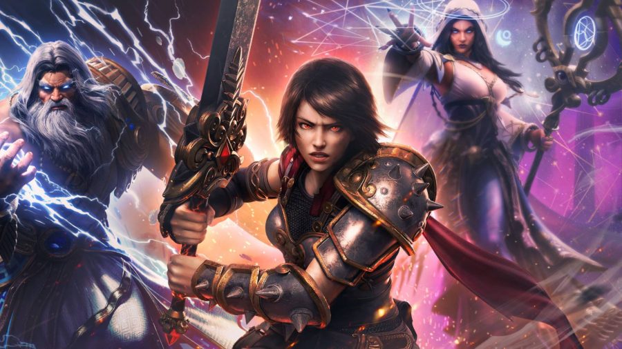 Smite 2: A woman with black bobbed hair wearing black and golden armor rushes the camera holding her sword flanked by a muscular, bearded man casting thunder and a woman dressed in a flowing gown holding a staff