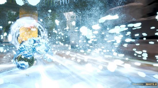 Ymir emits a powerful blizzard in the Smite 2 alpha.