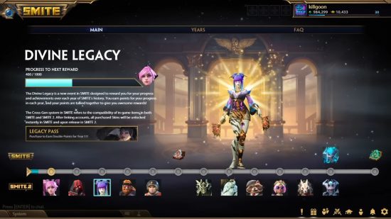 Sistema Smite 2 Divine Legacy: captura de pantalla de la nueva función que rastrea los logros de toda la vida de los jugadores en MOBA.