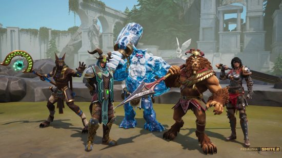 Five Smite 2 Gods, including Ymir, Loki, and Bellona, stand alongside one another.
